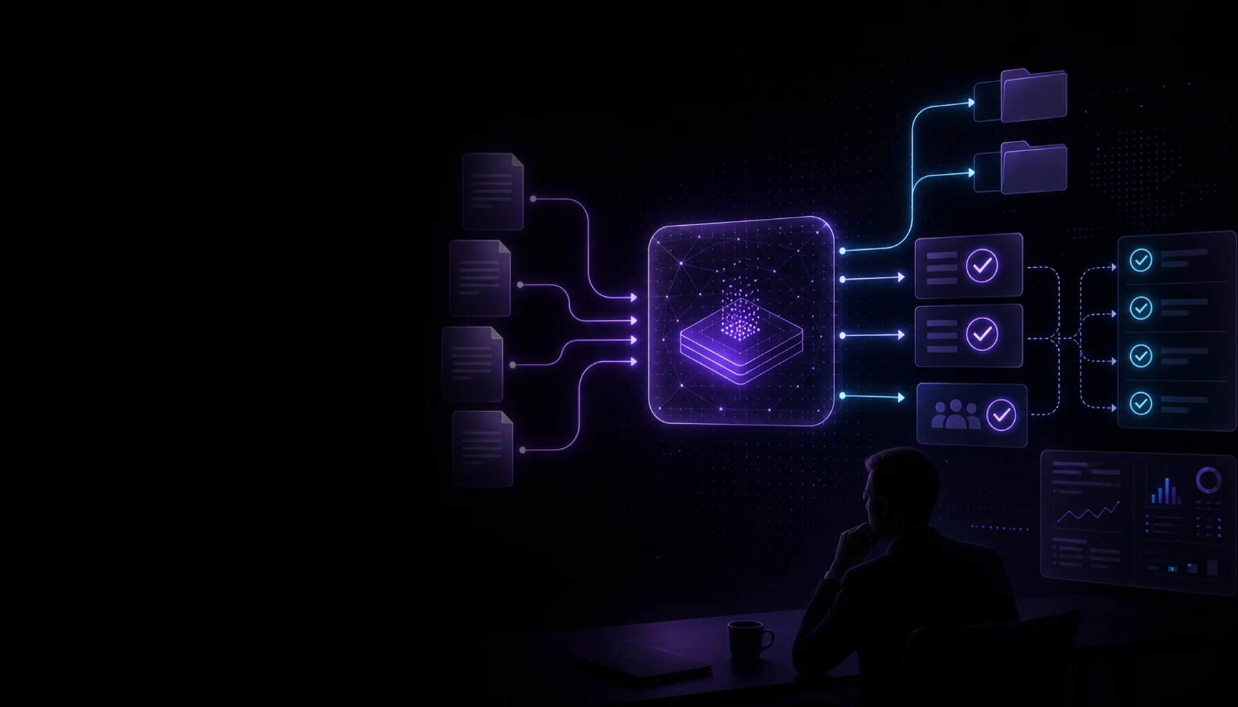 Document workflow moving through an AI automation system into approved output
