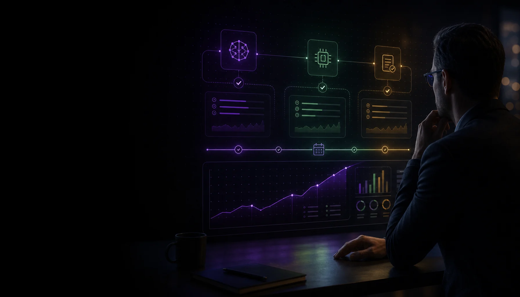 90-day AI ROI dashboard with tool cards and a rising result line